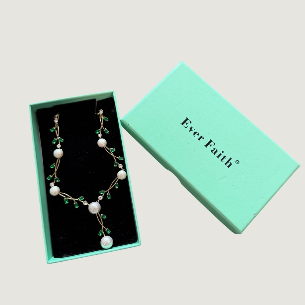 Ever Faith Y-Necklace OS Bridal Vine Faux Pearl CZ Gold Tone Emerald Green
